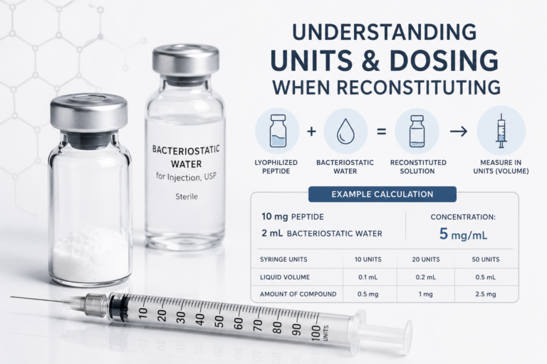 Clinical infographic featuring lyophilized peptide vial, bacteriostatic water vial, insulin syringe, and educational concentration calculation chart explaining units and reconstitution in peptide research.