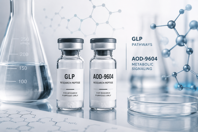 Clean clinical laboratory scene featuring GLP and AOD-9604 research peptide vials alongside glass laboratory equipment and molecular graphics in a modern biotech environment.