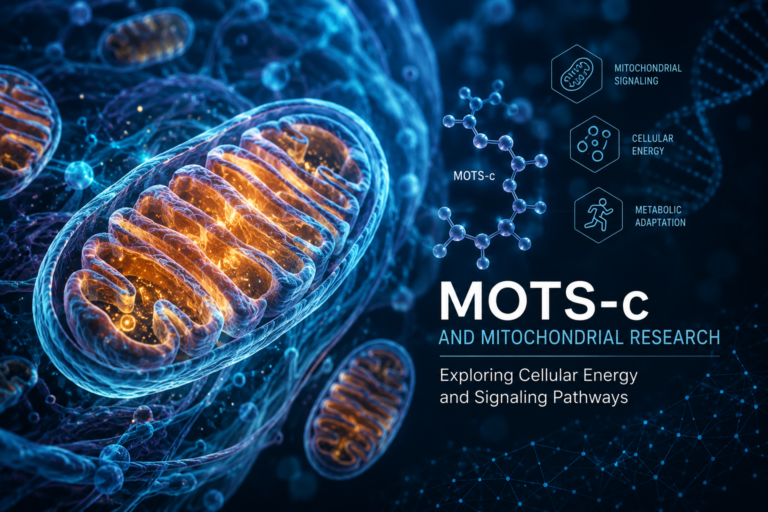 Scientific illustration of mitochondria and molecular signaling pathways related to MOTS-c peptide and mitochondrial research within a cellular environment.