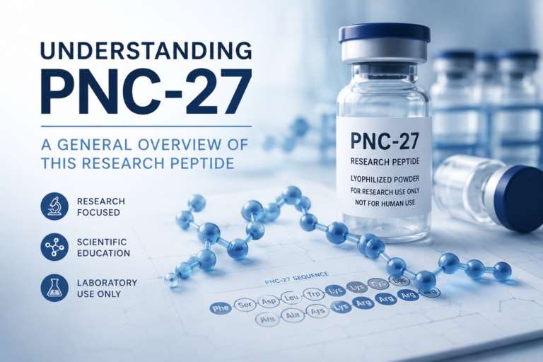 Scientific featured image showing PNC-27 research peptide vial with molecular graphics and laboratory-themed background representing educational peptide research content.
