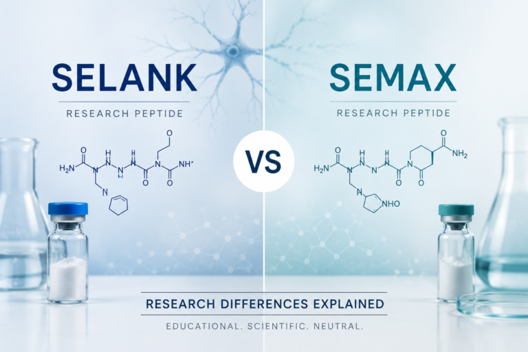 Clean clinical comparison graphic of Selank vs Semax research peptides with molecular structures, laboratory vials, and scientific blue biotech background.