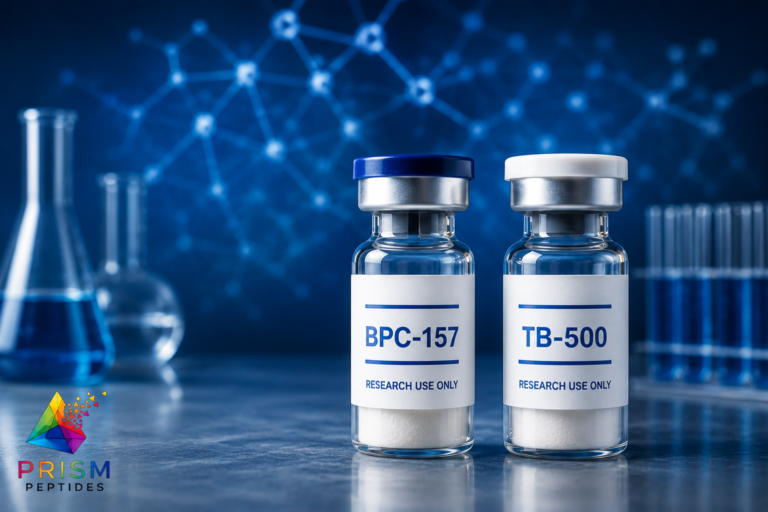 Two labeled peptide research vials, BPC-157 and TB-500, displayed in a professional laboratory environment with scientific molecular graphics and Prism Peptides branding.