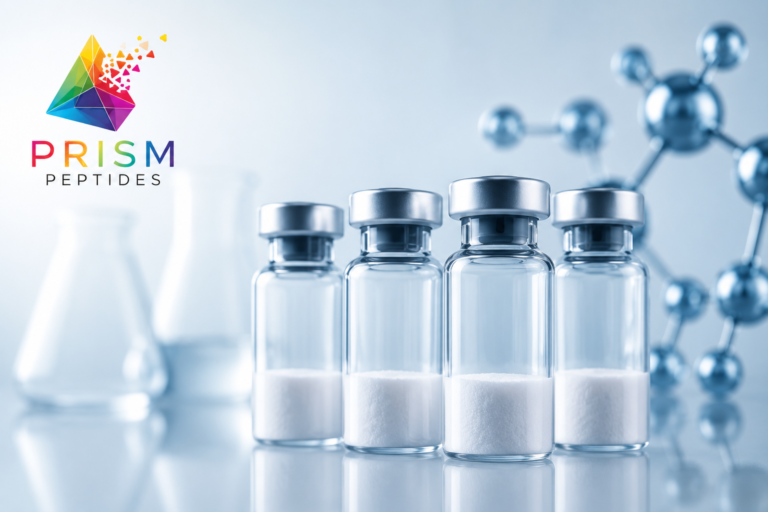 Clean laboratory-themed featured image showing four clear research vials containing white powder on a reflective surface, with a blurred molecular structure in the background and the Prism Peptides logo displayed in the upper left. The image represents educational GLP research options and scientific investigation.