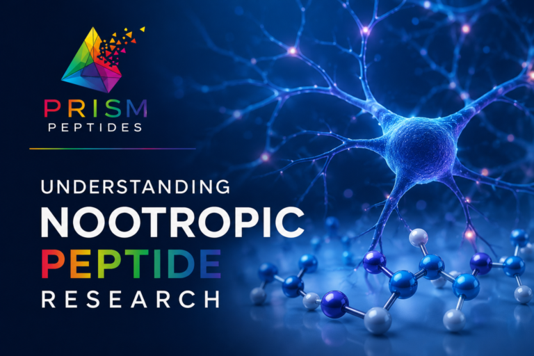 Understanding Nootropic Peptide Research featured image showing neural network structures, peptide molecular models, and the Prism Peptides logo in a scientific laboratory-themed design.