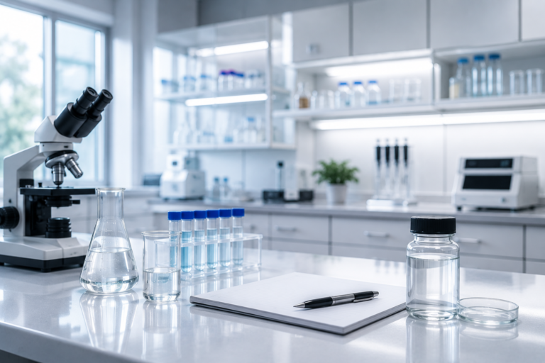 Modern laboratory workspace with microscope, glassware, research vial, and scientific equipment representing NAD+ research and cellular biology.