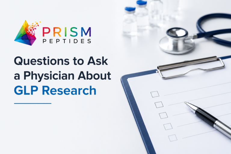 Clipboard with checklist, pen, and stethoscope beside the title 'Questions to Ask a Physician About GLP Research' with the Prism Peptides logo.