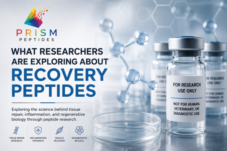 Scientific illustration representing recovery peptides research with laboratory vials, molecular structures, and regenerative biology concepts.