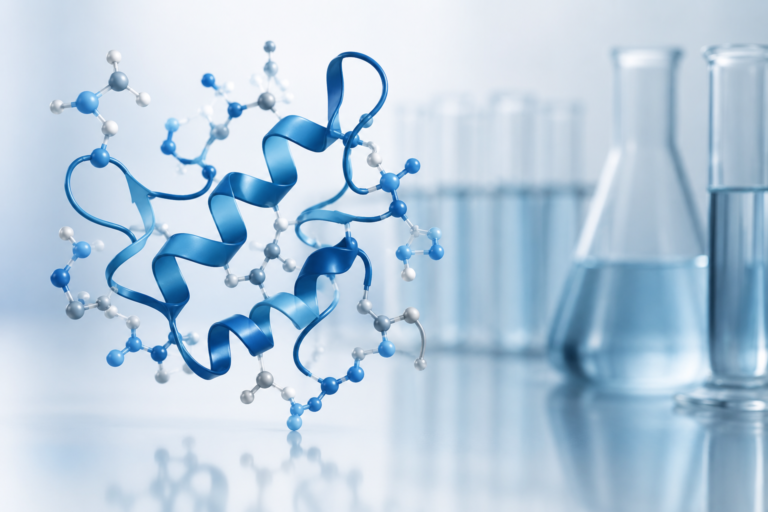 Illustration of a peptide molecular structure with laboratory glassware representing Thymosin Alpha-1 research.