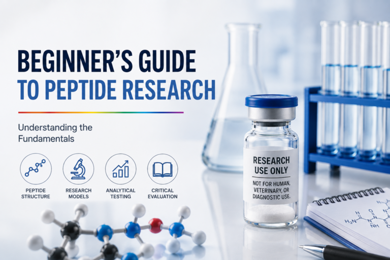 Laboratory illustration introducing peptide research fundamentals, including peptide molecules, research materials, and scientific analysis.