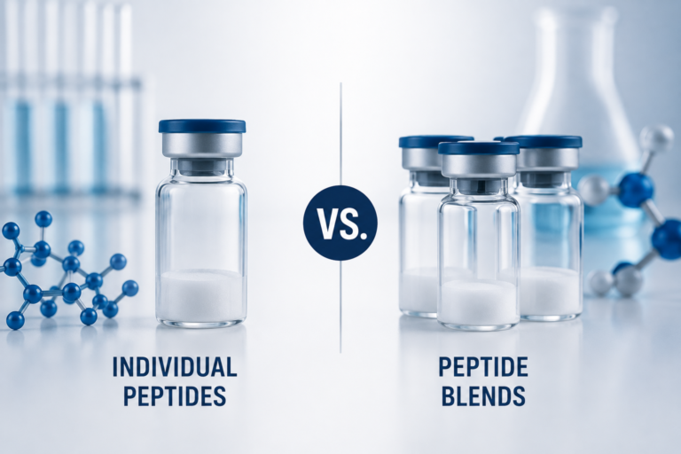 Individual peptide vial compared with multiple peptide blend vials in a clean laboratory setting, illustrating peptide blends vs. individual peptides for research.