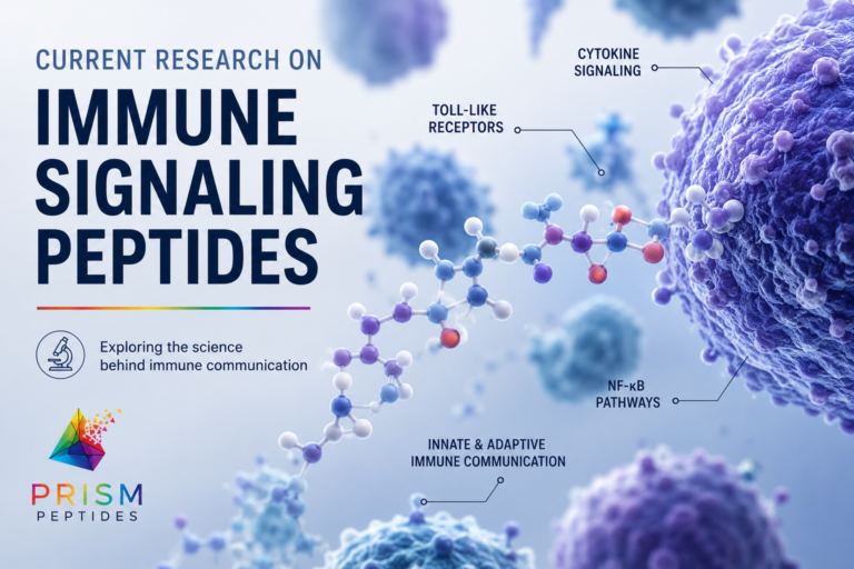 Scientific illustration of immune signaling and peptide research, showing cellular communication and molecular pathways.