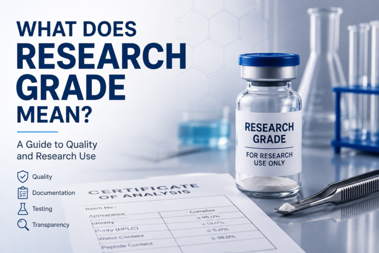 Laboratory illustration representing research-grade peptides, analytical quality, testing, and scientific documentation.