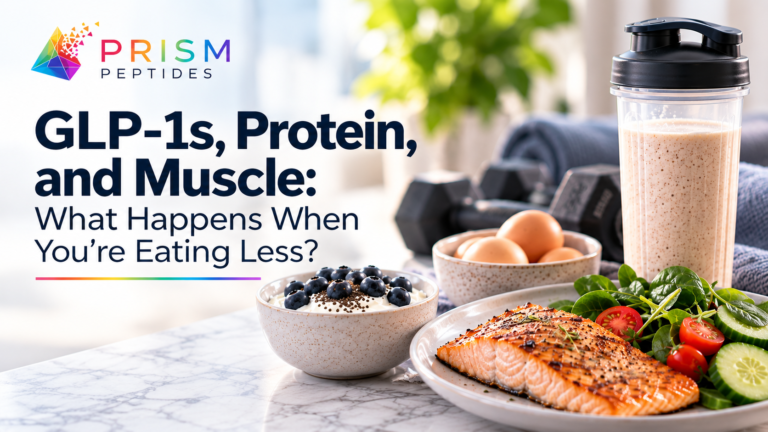 Prism Peptides graphic featuring protein-rich foods, including salmon, eggs, yogurt with blueberries, and a protein shake, alongside dumbbells for an article about GLP-1s, protein, and muscle.